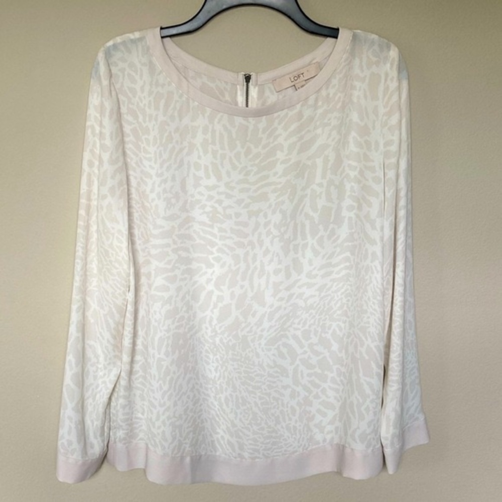LOFT White and Cream Animal Print Long Sleeve Blouse